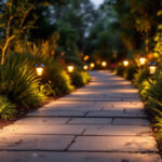 A photograph of a beautifully illuminated outdoor pathway featuring various styles of solar pathway lights