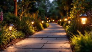 A photograph of a beautifully illuminated outdoor pathway featuring various styles of solar pathway lights