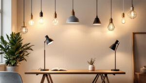 A photograph of a well-lit room showcasing a variety of stylish lamp fixtures
