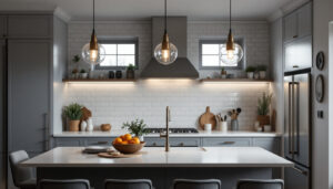 A photograph of a beautifully designed kitchen featuring stylish pendant lights that enhance the space