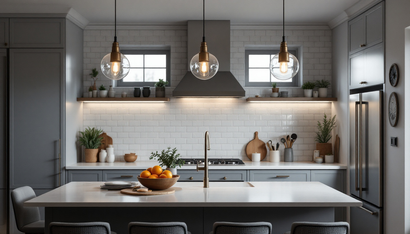 A photograph of a beautifully designed kitchen featuring stylish pendant lights that enhance the space