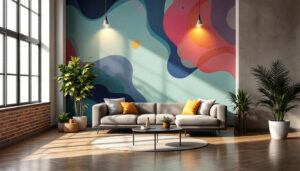 A photograph of a well-lit interior space showcasing a striking wall design at 5'10" height