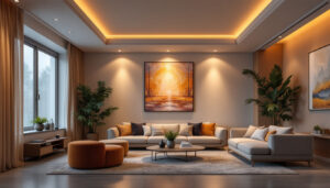 A photograph of a beautifully designed room featuring recessed lighting with stylish covers