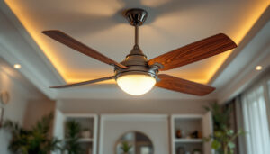 A photograph of a beautifully designed ceiling fan in a stylish room setting