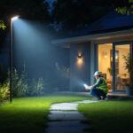 A photograph of a well-lit outdoor space showcasing solar flood lights in action