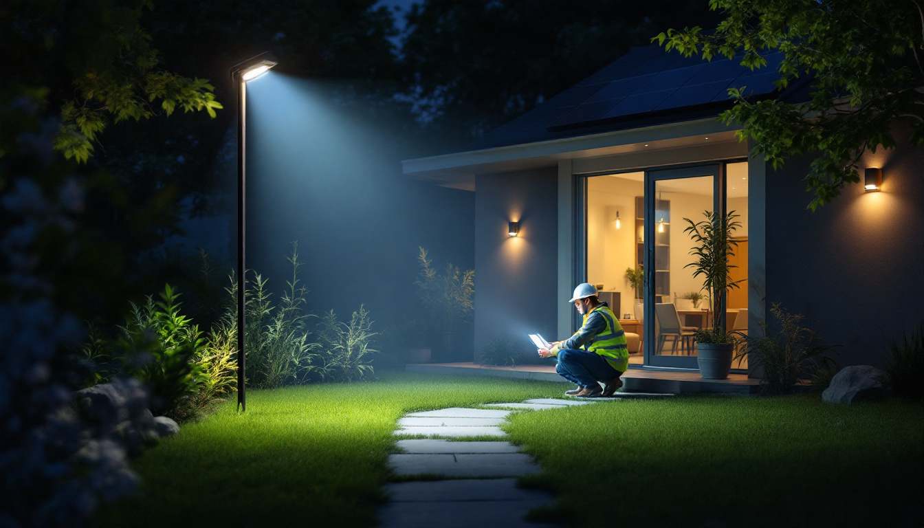 A photograph of a well-lit outdoor space showcasing solar flood lights in action