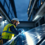 A photograph of a lighting contractor assessing a solar panel installation on a commercial building