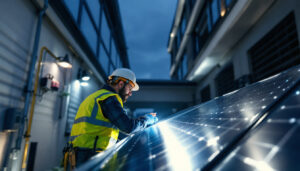 A photograph of a lighting contractor assessing a solar panel installation on a commercial building