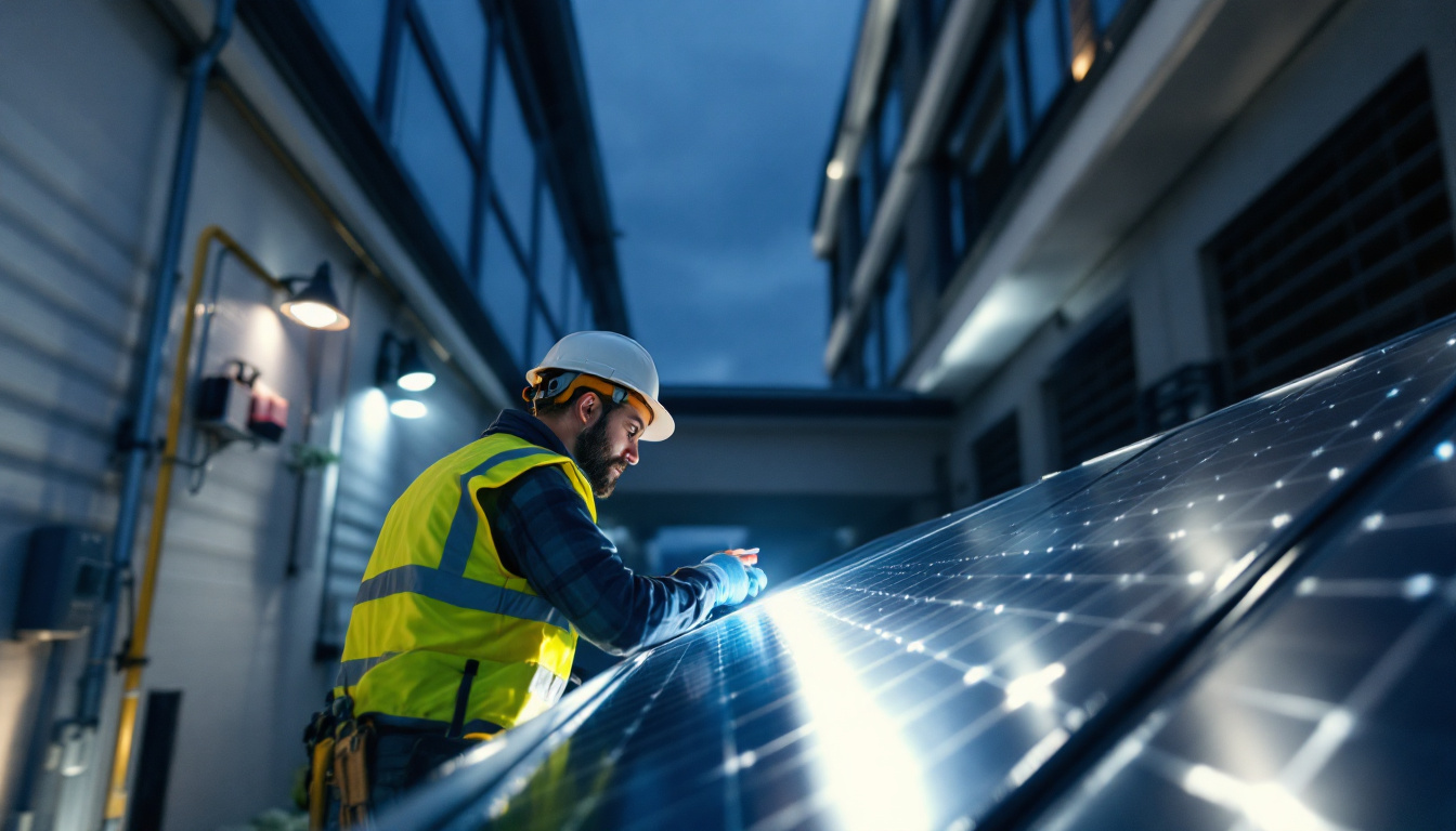 A photograph of a lighting contractor assessing a solar panel installation on a commercial building