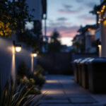 A photograph of a well-lit outdoor area featuring motion detector lights in action