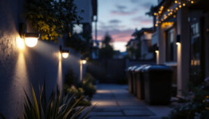 A photograph of a well-lit outdoor area featuring motion detector lights in action