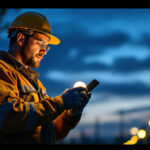 A photograph of a lighting contractor installing or inspecting sodium vapor light bulbs in an outdoor setting