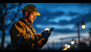 A photograph of a lighting contractor installing or inspecting sodium vapor light bulbs in an outdoor setting