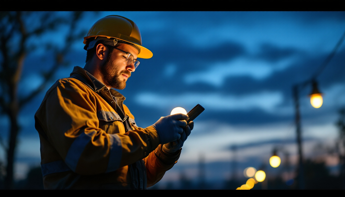A photograph of a lighting contractor installing or inspecting sodium vapor light bulbs in an outdoor setting