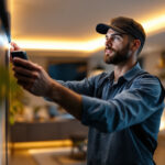 A photograph of a lighting contractor installing or adjusting an automatic lighting system in a modern residential or commercial space