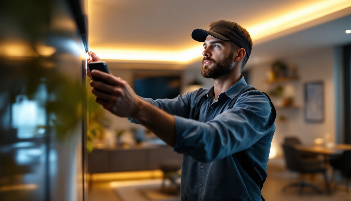 A photograph of a lighting contractor installing or adjusting an automatic lighting system in a modern residential or commercial space