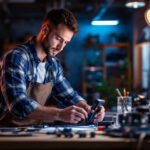 A photograph of a lighting contractor using innovative tools or technology in a vibrant
