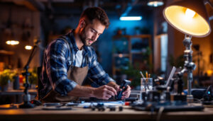A photograph of a lighting contractor using innovative tools or technology in a vibrant
