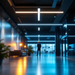 A photograph of a well-lit interior space featuring sleek linear light fixtures