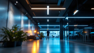 A photograph of a well-lit interior space featuring sleek linear light fixtures