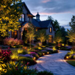 A photograph of an outdoor lighting installation showcasing beautifully illuminated landscaping