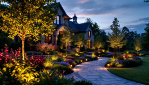 A photograph of an outdoor lighting installation showcasing beautifully illuminated landscaping