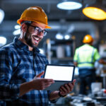 A photograph of a lighting contractor enthusiastically installing or showcasing innovative lighting solutions
