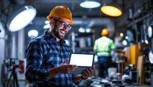 A photograph of a lighting contractor enthusiastically installing or showcasing innovative lighting solutions