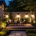 A photograph of a well-lit outdoor space showcasing various stylish yard lighting fixtures in use