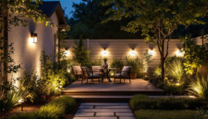 A photograph of a well-lit outdoor space showcasing various stylish yard lighting fixtures in use