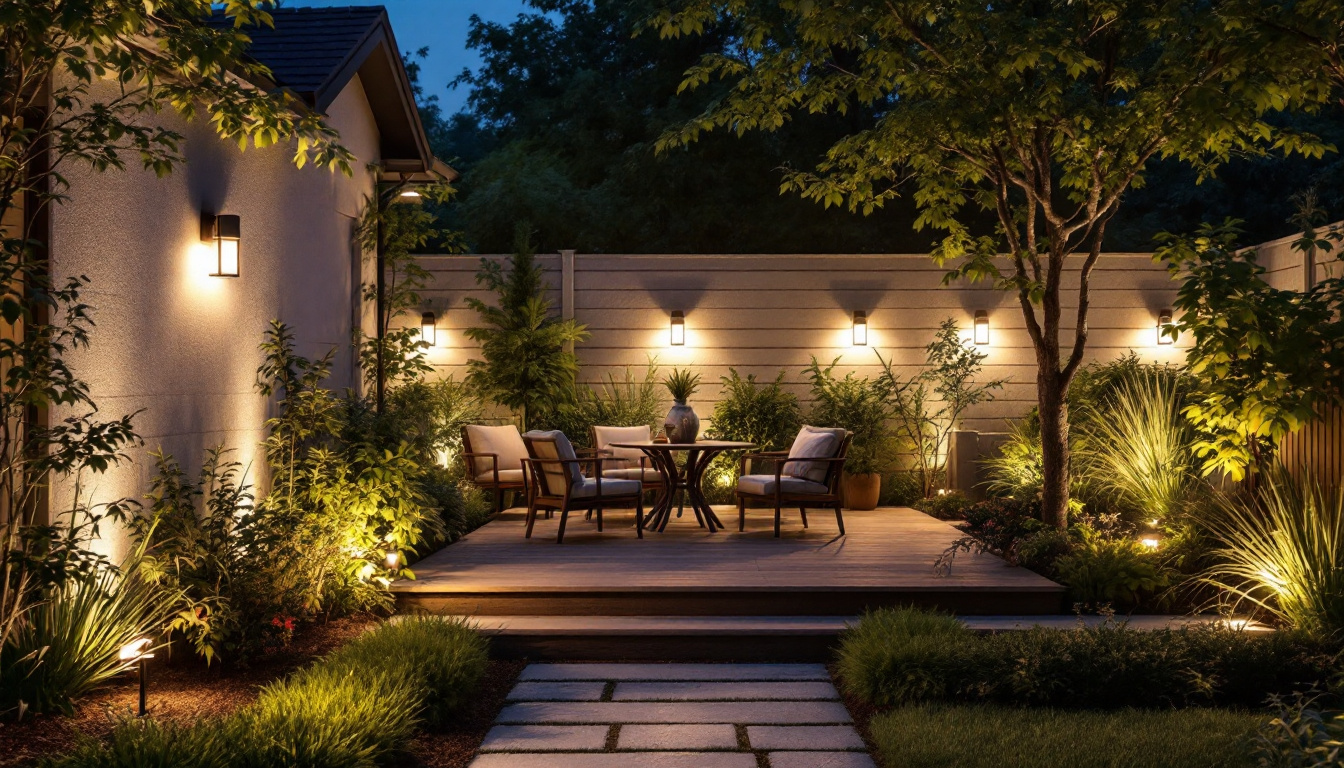 A photograph of a well-lit outdoor space showcasing various stylish yard lighting fixtures in use