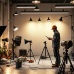 A photograph of a lighting contractor in the midst of a project