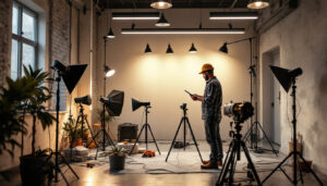 A photograph of a lighting contractor in the midst of a project