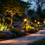 A photograph of a beautifully landscaped outdoor space illuminated by various styles of solar lights at dusk
