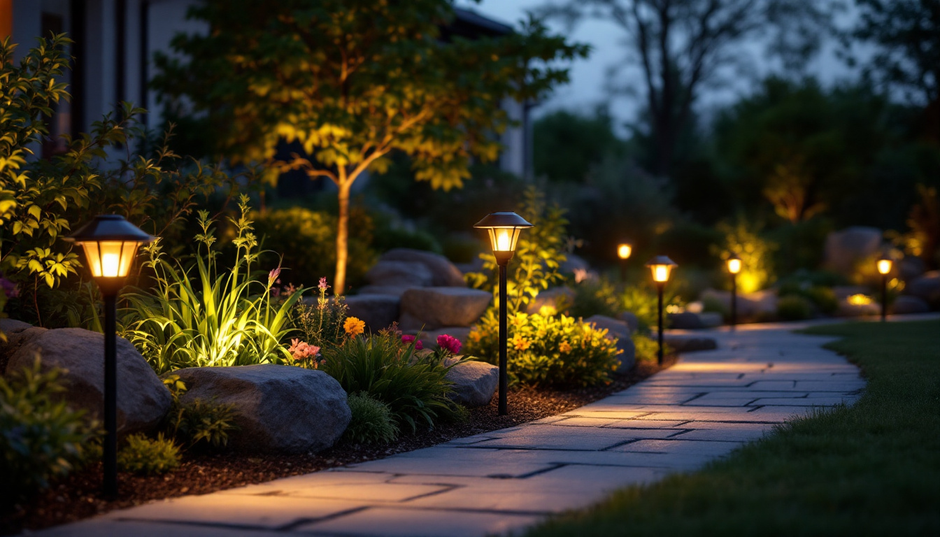 A photograph of a beautifully landscaped outdoor space illuminated by various styles of solar lights at dusk