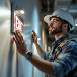 A photograph of a lighting contractor installing or inspecting emergency exit lights in a commercial building