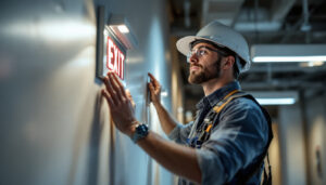 A photograph of a lighting contractor installing or inspecting emergency exit lights in a commercial building