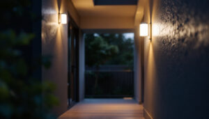 A photograph of a well-lit porch featuring a modern led light fixture