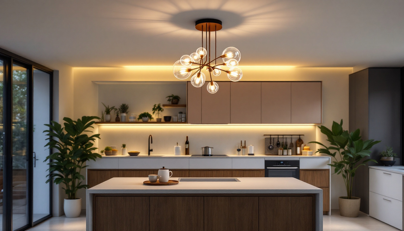 A photograph of a modern kitchen featuring an elegant ceiling light fixture that highlights the space