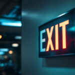A photograph of a well-lit backlit exit sign in a commercial setting