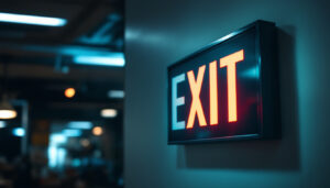 A photograph of a well-lit backlit exit sign in a commercial setting