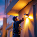 A photograph of a professional lighting contractor installing a stylish led exterior light on a modern building