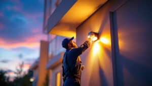 A photograph of a professional lighting contractor installing a stylish led exterior light on a modern building