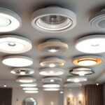 A photograph of a well-lit interior space showcasing various styles of recessed lighting covers installed in a modern setting
