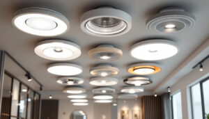 A photograph of a well-lit interior space showcasing various styles of recessed lighting covers installed in a modern setting