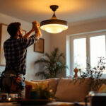 A photograph of a well-lit room featuring a stylish semi-flush light fixture