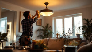 A photograph of a well-lit room featuring a stylish semi-flush light fixture