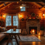 A photograph of a cozy cabin interior illuminated by warm