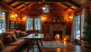 A photograph of a cozy cabin interior illuminated by warm