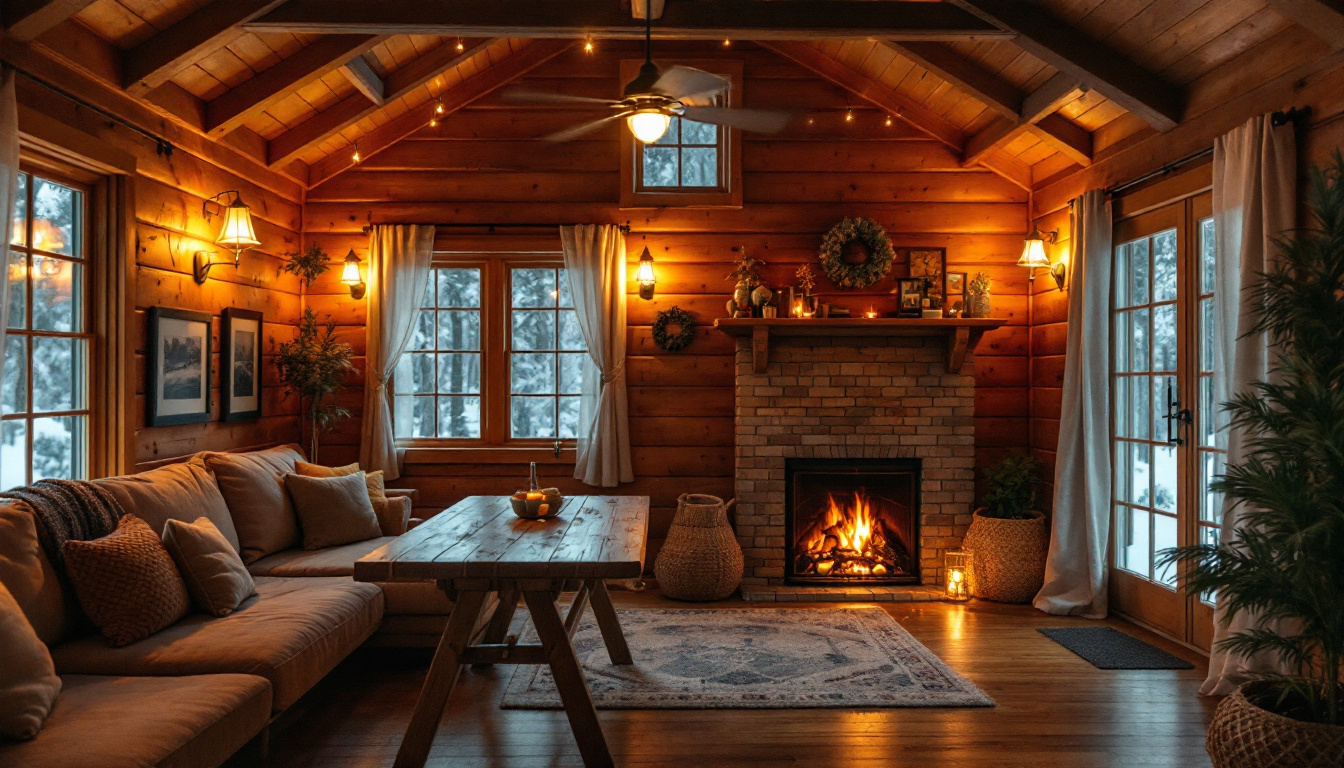 A photograph of a cozy cabin interior illuminated by warm